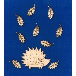 Jeż 5x6,5cm + listki dębu  9szt /   SKLEJKA #3mm / jesienny obrazek / seria zwierzątka leśne